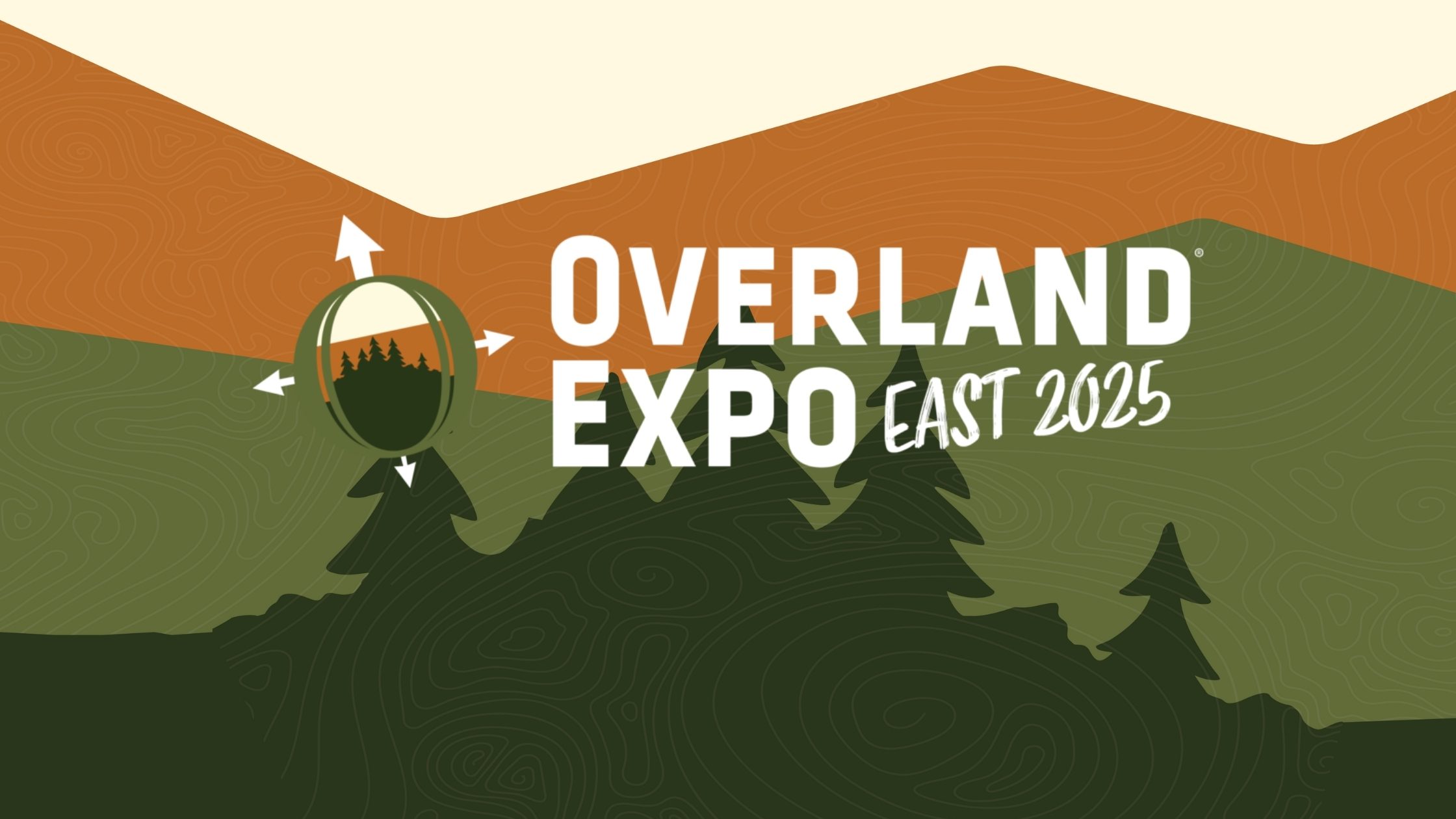 Overland Expo East 2025 - Adventure Vehicle Event | Tiger Adventure Vehicles | Tiger Adventure Vehicles Overland Expo East 2025 event banner with mountain landscape, forest trees, and compass design