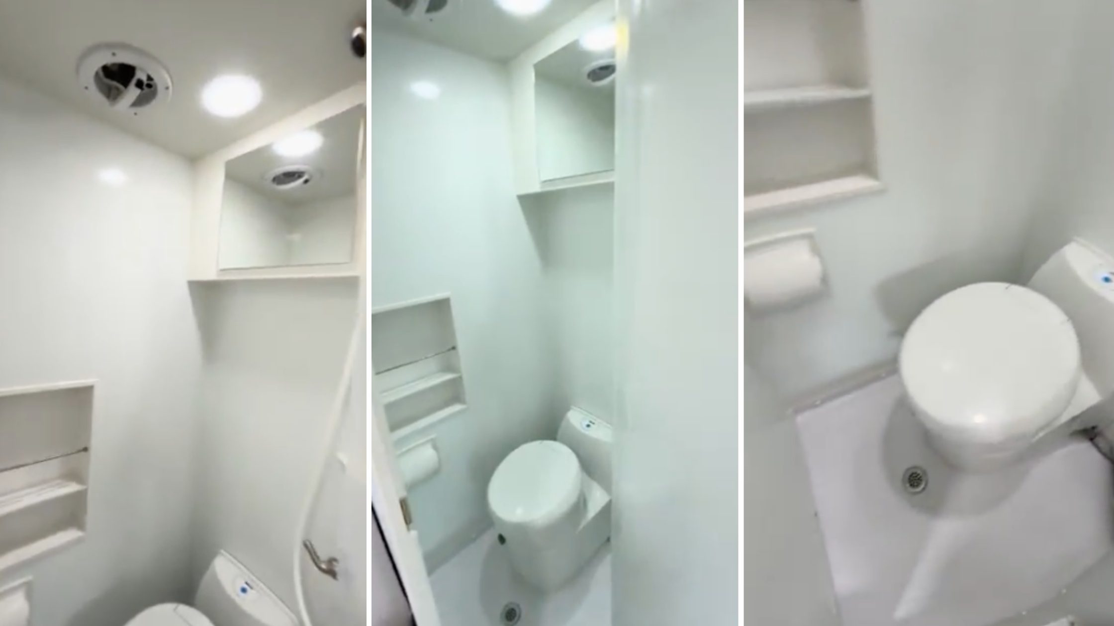 toilet-options-1 | Tiger Adventure Vehicles | Tiger Adventure Vehicles Tiger Panthera wet bath with white toilet, storage shelves, and LED lights