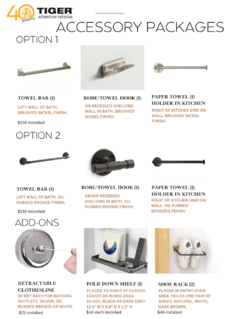 1 | Tiger Adventure Vehicles Product gallery of bathroom hardware: towel bar, robe/towel hook, and paper towel holder cards with finishes and prices listed under each item.