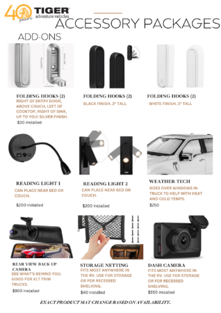 2 | Tiger Adventure Vehicles Product grid of RV accessories including folding hooks, reading lights, storage nets, dash camera, and related gear with prices.