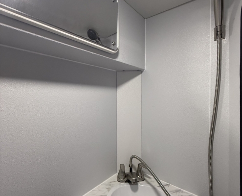 Small bathroom sink with marble countertop, oval white basin, silver faucet, and handheld shower on the right side of the vanity.