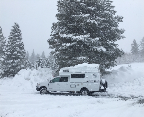 IMG_4596 1 | Tiger Adventure Vehicles | Tiger Adventure Vehicles White van stuck in deep snow in a snowy forest, tall snow-covered evergreen trees around.
