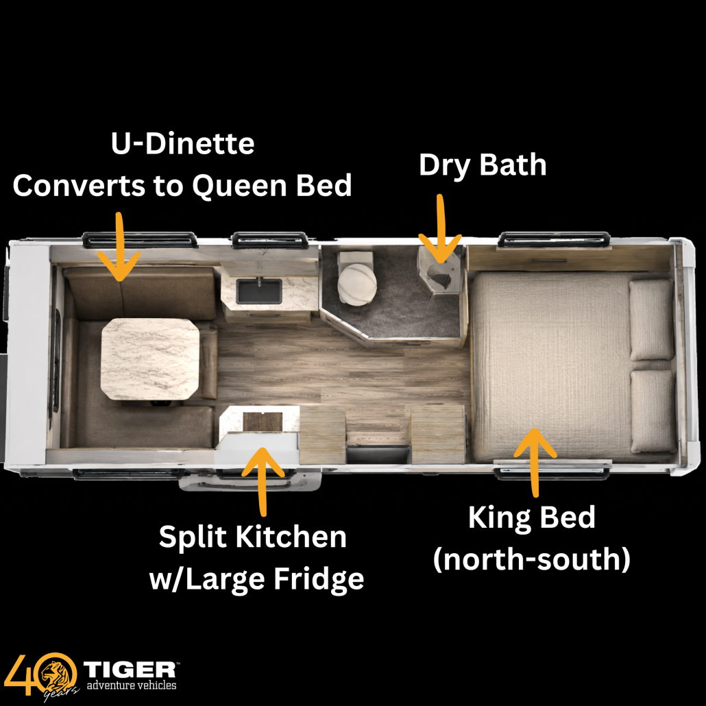 1 | Tiger Adventure Vehicles Overhead floor plan of a camper: split kitchen with large fridge on the left, king bed on the right, and a dry bath in the rear.