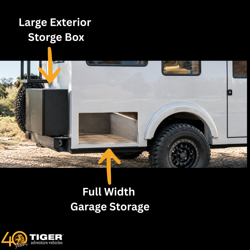 2 | Tiger Adventure Vehicles Banner showing a rugged vehicle with a large exterior storage box, orange arrows mark full-width garage storage area, and bold text overlay reading 'Large Exterior Storage Box.'