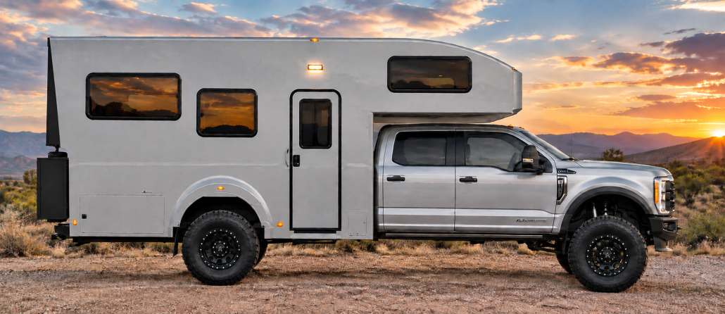Exteriior View 1 | Tiger Adventure Vehicles Grey pickup truck with a large silver camper trailer in a desert landscape at sunset, mountains in the background.