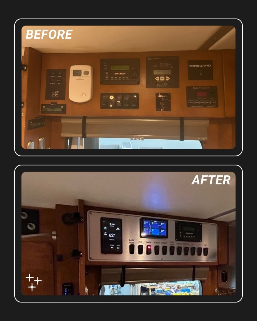 service-after-the-sale-1 | Tiger Adventure Vehicles Before: old wooden control panel with multiple gauges and a white device mounted inside a cabin (upper image).