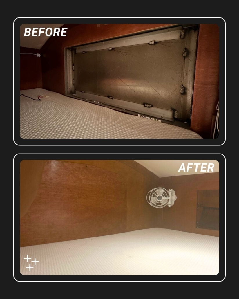 service-after-the-sale-2 | Tiger Adventure Vehicles Before: metal rectangular hatch in cabin wall over a beige bed/mat with exposed hardware.