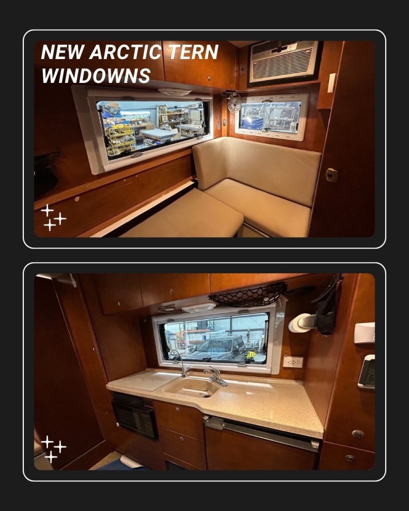 service-after-the-sale-3 | Tiger Adventure Vehicles Two-panel view of a boat interior: upper panel shows a cozy seating area beside large windows; lower panel shows a galley with a sink and countertop. Text'NEW ARCTIC TERN WINDOWS' visible.